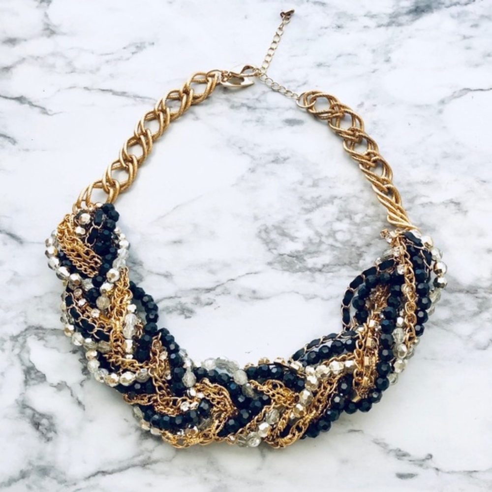 Chunky Braided BlackGoldSilver Statement Necklace